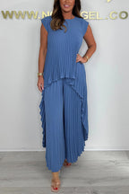Nelia - Casual Set with Short Sleeve Midi Top and Elastic Waist Pants