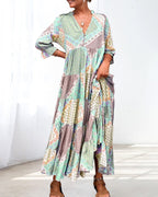 Quinna - Colorful maxi dress with color block print and 3/4 sleeves