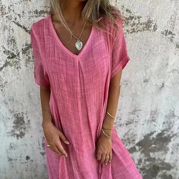 Fiorina - Loose Cotton and Linen V-Neck Dress