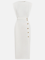 Floralia - Plain midi dress with button slit and round neckline