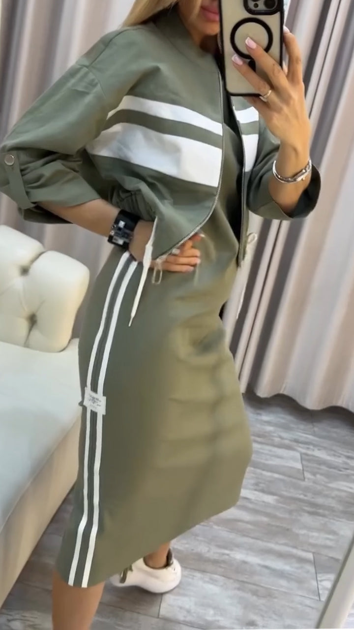 Pravella - Casual-chic women's set with round-neck midi dress and zip-up jacket