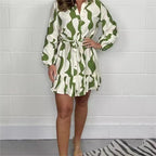 Perlina - Irregular Striped Shirt Dress with Lapel Collar and Tie Belt