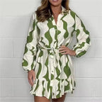 Perlina - Irregular Striped Shirt Dress with Lapel Collar and Tie Belt