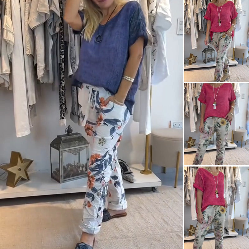 Evangeline - Women's 2 Piece Set - Solid Blouse and Casual Floral Print Pants