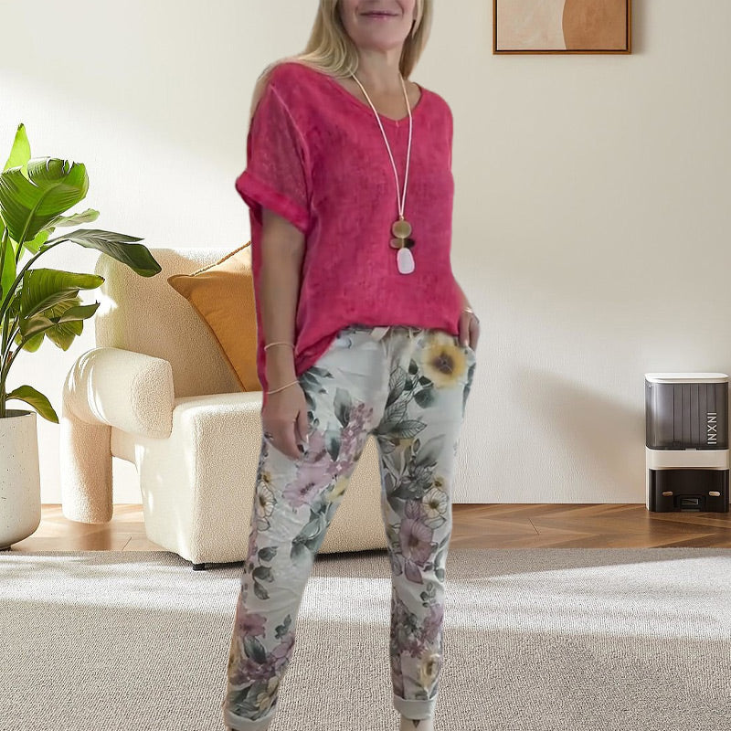 Evangeline - Women's 2 Piece Set - Solid Blouse and Casual Floral Print Pants