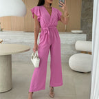 Isolina - Solid Jumpsuit with V-Neckline, Ruffled Sleeves and Wide Legs