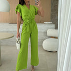 Isolina - Solid Jumpsuit with V-Neckline, Ruffled Sleeves and Wide Legs