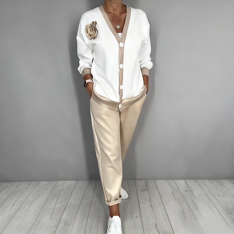 Neravine - Chic V-Neck and High Waisted Pants Set
